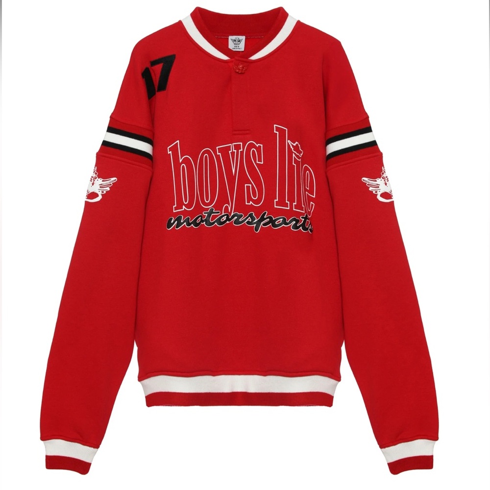 NWT: Boys Lie Red Crewneck Motorsport Logo Sweater with Black & White Accents